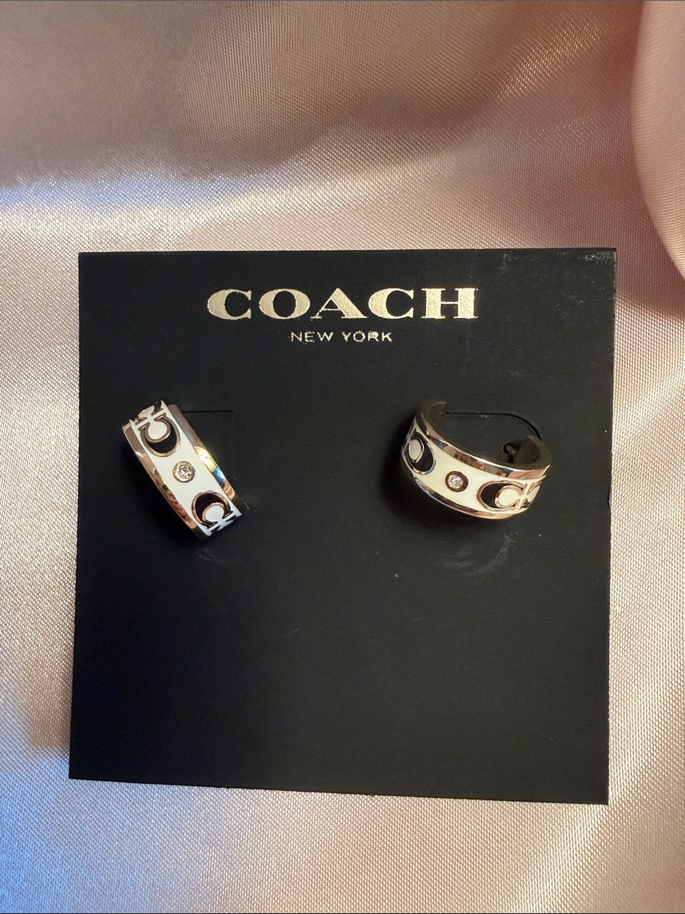 Coach Silver and Black Hoop Earrings with Crystal Accents